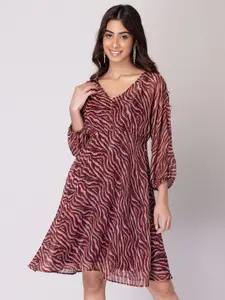 FabAlley Maroon Animal Print Puff Sleeve Georgette Fit and Flare Dress