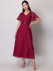 FabAlley Maroon Embellished Flared Sleeve Georgette Fit and Flare Midi Dress