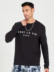 Styli Black Typography Printed Round Neck Cotton Pullover Sweatshirt
