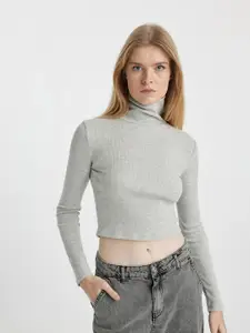 DeFacto Self Design High Neck Long Sleeves Crop T-shirt