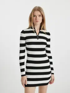 DeFacto Striped Shirt Collar Long Sleeve Sheath Mini Dress