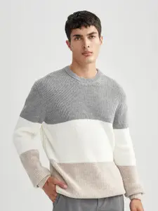 DeFacto Colourblocked Round Neck Long Sleeves Acrylic Pullover Sweater