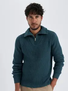 DeFacto Cable Knit Self Design Shirt Collar Half Zipper Acrylic Pullover Sweater