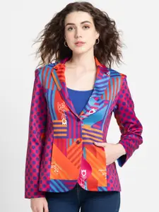 SHAYE Abstract Printed Notched Lapel Collar Slim-Fit Single Breasted Blazer