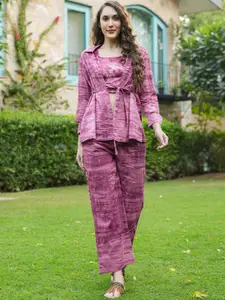 JISORA Purple Printed Pure Cotton Top & Palazzo With Shrug