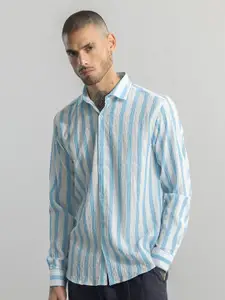 Snitch Blue Classic Slim Fit Vertical Striped Casual Shirt