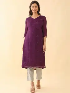 Maybell Floral Embroidered V-Neck Pure Chiffon Straight Kurta
