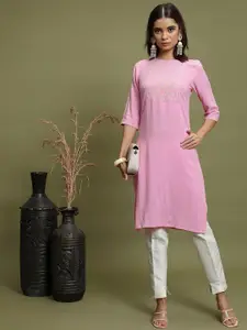 Vishudh Pink Ethnic Motifs Yoke Design Thread Work Detailed Cotton Straight Kurta