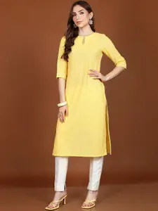 Vishudh Yellow Floral Embroidered Keyhole Neck Thread Work Straight Kurta