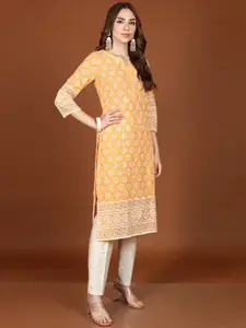 Vishudh Yellow Ethnic Motifs Embroidered Thread Work Straight Kurta