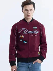 Snitch Burgundy & Blue Typography Printed Lightweight Cotton Bomber Jacket