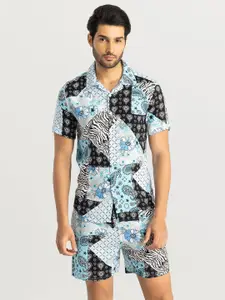 Snitch Blue Printed Collar Shirt With Shorts Co-Ords