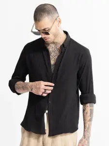 Snitch Black Classic Slim Fit Button-Down Collar Long Sleeves Casual Shirt