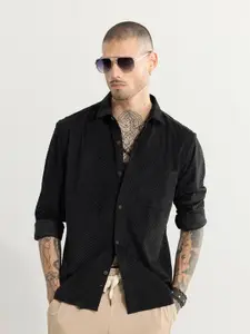 Snitch Black Classic Slim Fit Textured Self Design Spread Collar Casual Shirt