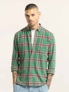 Snitch Green Classic Slim Fit Tartan Checked Pure Cotton Casual Shirt