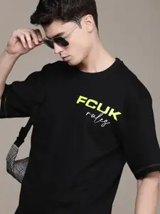 FCUK Brand Logo Printed Drop-Shoulder Sleeves Pure Cotton T-shirt