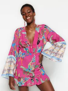 Trendyol Floral Printed Flared Sleeve Pure Cotton A-Line Mini Dress