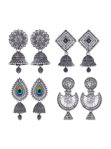 MEENAZ Set Of 4 Silver-Plated Stainless Steel Stones Studded Jhumkas