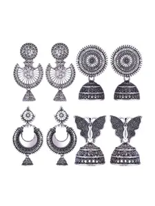 MEENAZ Set Of 4 Silver-Plated Stainless Steel Stones Studded Jhumkas