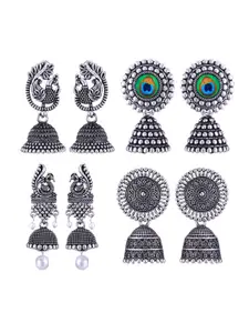 MEENAZ Set Of 4 Silver-Plated Oxidised Peacock Shaped Jhumkas
