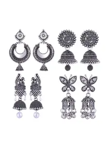 MEENAZ Set Of 4 Silver-Plated Oxidised Jhumkas