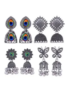 MEENAZ Set Of 4 Silver-Plated Stainless Steel Stones Studded & Beads Beaded Jhumkas