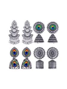 MEENAZ Set Of 4 Stainless Steel Silver-Plated Shaped Jhumkas
