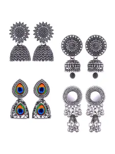 MEENAZ Set Of 4 Stainless Steel Silver-Plated Peacock Shaped Jhumkas