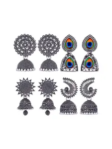 MEENAZ Set Of 4 Silver-Plated Stainless Steel Oxidised Peacock Shaped Jhumkas