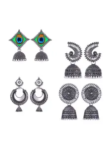 MEENAZ Set Of 4 Stainless Steel Silver-Plated Peacock Design Jhumkas