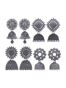 MEENAZ Set Of 4 Silver-Plated Stainless Steel Oxidised Peacock Shaped Jhumkas