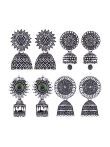 MEENAZ Set Of 4 Silver-Plated Oxidised Peacock Shaped Jhumkas