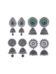 MEENAZ Set Of 4 Silver-Plated Oxidised Peacock Shaped Jhumkas