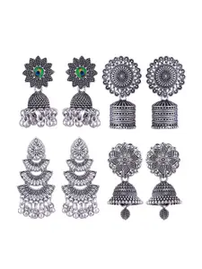 MEENAZ Set Of 4 Silver-Plated Oxidised Jhumkas