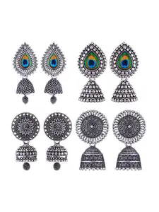 MEENAZ Set Of 4 Stainless Steel Silver-Plated Peacock Shaped Jhumkas