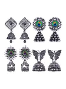 MEENAZ Set Of 4 Silver-Plated Stainless Steel Enamelled Oxidised Jhumkas