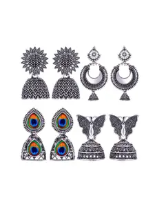 MEENAZ Set Of 4 Stainless Steel Silver-Plated Peacock Shaped Jhumkas