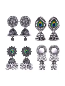 MEENAZ Set Of 4 Silver-Plated Oxidised Peacock Shaped Jhumkas