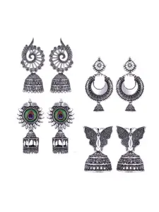 MEENAZ Set Of 4 Silver-Plated Stainless Steel Oxidised Peacock Shaped Jhumkas
