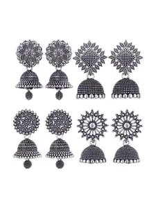 MEENAZ Set Of 4 Silver-Plated Stainless Steel Oxidised Jhumkas