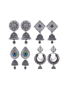 MEENAZ Set Of 4 Silver-Plated Stainless Steel Oxidised Jhumkas