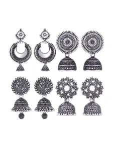 MEENAZ Set Of 4 Silver-Plated Stainless Steel Oxidised Jhumkas