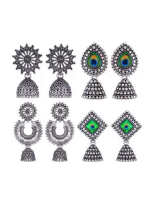 MEENAZ Set Of 4 Silver-Plated Stainless Steel Oxidised Jhumkas