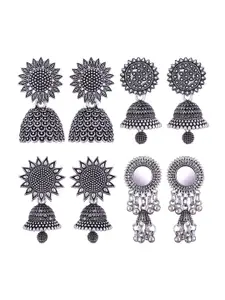 MEENAZ Set Of 4 Silver-Plated Oxidised Jhumkas