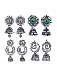 MEENAZ Set Of 4 Silver-Plated Stainless Steel Oxidised Jhumkas