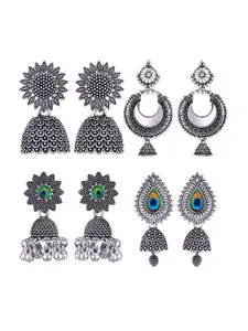 MEENAZ Set Of 4 Silver-Plated Oxidised Peacock Shaped Jhumkas