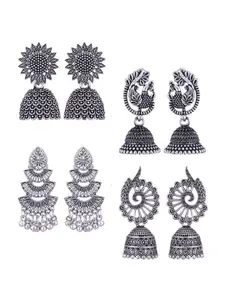 MEENAZ Set Of 4 Stainless Steel Silver-Plated Beaded Peacock Shaped Jhumkas