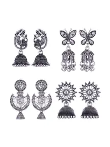 MEENAZ Set Of 4 Silver-Plated Oxidised Peacock Shaped Jhumkas