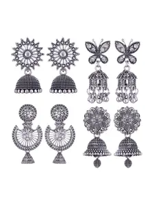 MEENAZ Set Of 4 Silver-Plated Stainless Steel Oxidised Peacock Shaped Jhumkas