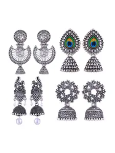 MEENAZ Set Of 4 Stainless Steel Silver-Plated Peacock Shaped Jhumkas